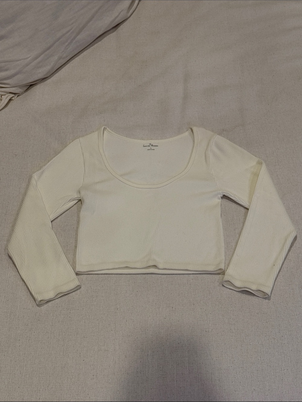 Love Tree Cream Ribbed Scoop Neck Cropped Long Sleeve Top